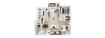 A top down view of a small apartment with a kitchen, living room, and bedroom.