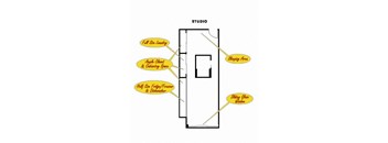 a diagram of a studio with bubbles around the door