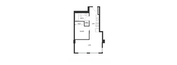 A floor plan of a small apartment with a sleeping area, a living area, a bathroom, and a kitchen.