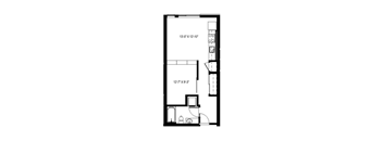 A floor plan of a room with dimensions and furniture layout.