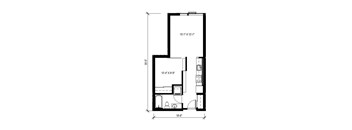 A black and white image of a floor plan for a small apartment.