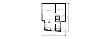 A black and white image of a floor plan for a small apartment.
