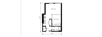 A floor plan of a room with dimensions and furniture layout.