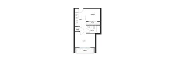 A floor plan of a small apartment with a living room, kitchen, and bathroom.