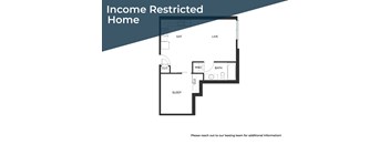 A floor plan of an income restricted home with a kitchen, living room, and bedrooms.