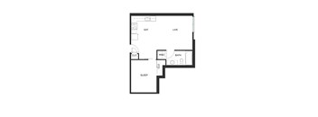 A floor plan of a small apartment with a sleeping area, a bathroom, a living room, and a kitchen.
