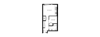 A floor plan of a small apartment with a kitchen, living room, and bathroom.