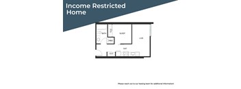 A floor plan of an income restricted home with a sleeping area, a living area, a bathroom, a cloakroom, and a kitchen.