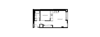 A floor plan of a room with dimensions and furniture layout.