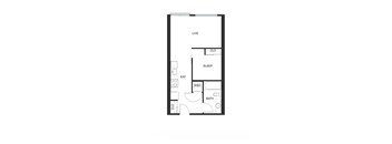 A floor plan of a small apartment with a living room, bedroom, and bathroom.