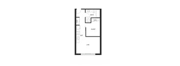 A floor plan of a small apartment with a sleeping area, a bathroom, a cloakroom, and a living room.