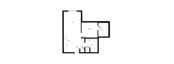 A floor plan of a home with a living room, kitchen, bathroom, and bedroom.