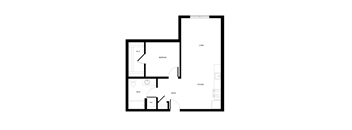 A floor plan of a living room, bedroom, kitchen, and bathroom.