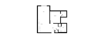 A floor plan of a house with a living room, kitchen, entry, bath, and bedroom.