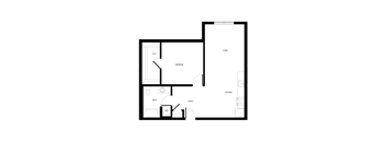 A floor plan of a living space with a bedroom, bathroom, kitchen, and entry.