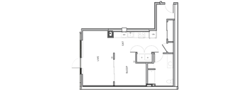 A floor plan of a room with a living area, kitchen, and bathroom.