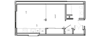 A floor plan of a room with a living area, kitchen, and bathroom.