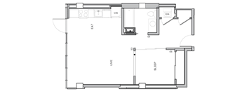 A floor plan of a small apartment with a living room, kitchen, and bedrooms.