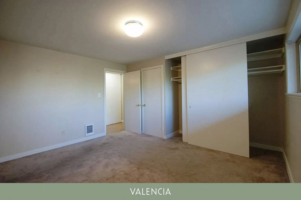 a bedroom with a closet and a carpeted floor