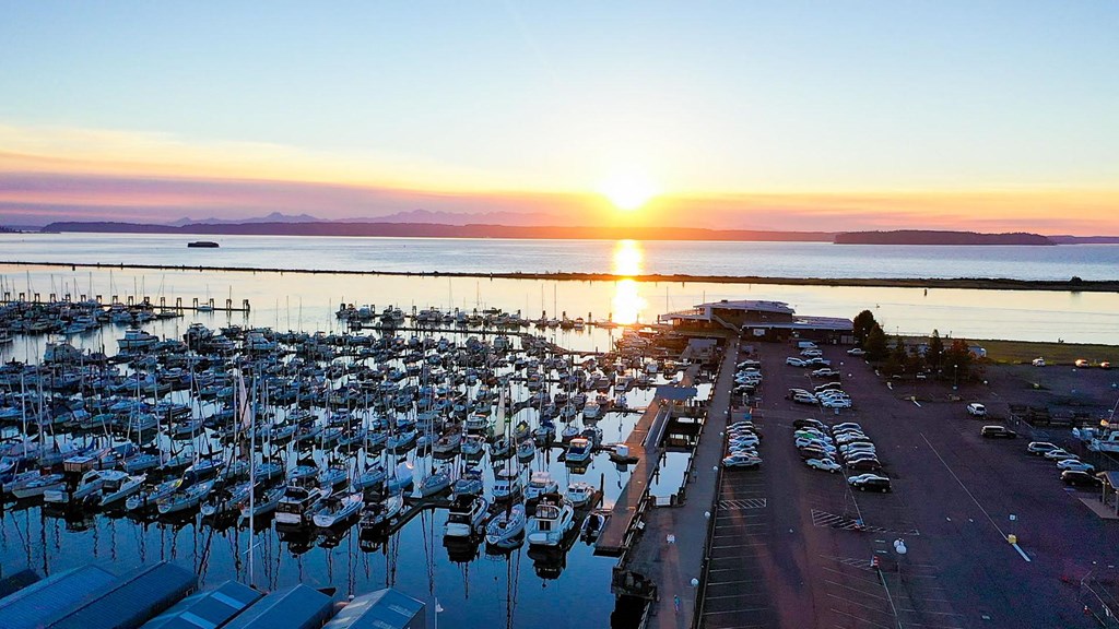 an aerial view of a marina full of boats at sunset