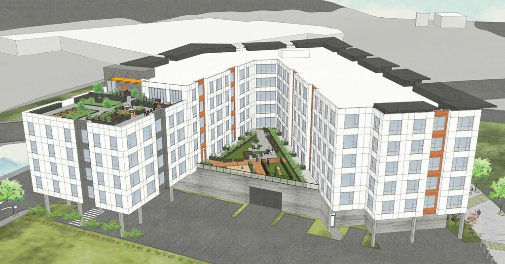 a rendering of a white building with a garden in front of it