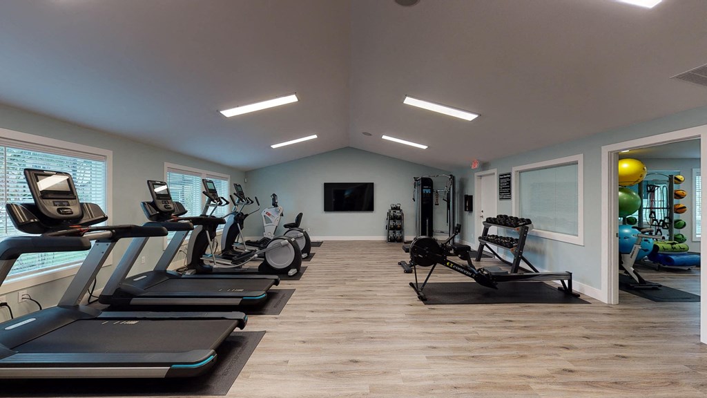 a gym with cardio equipment and a tv on the wall