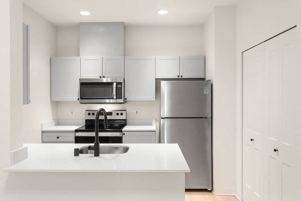 a white kitchen with stainless steel appliances and a sink