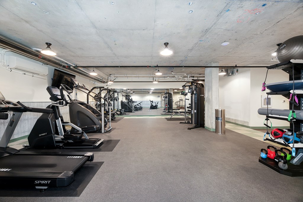 A gym with treadmills and exercise equipment.