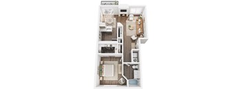 A top-down view of a small apartment with a living room, kitchen, and bathroom.