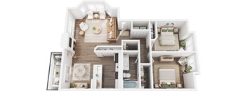 A top-down view of a modern, well-organized apartment layout.
