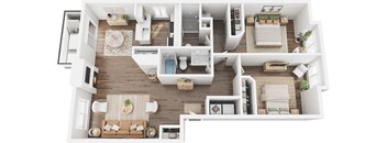 A top-down view of a modern, well-lit, and spacious apartment with a kitchen, living room, and bedrooms.