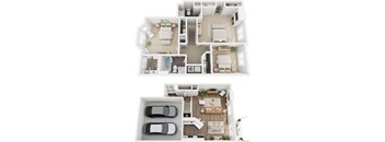 A top and bottom floor plan of a house with a car parked in the garage.