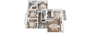 A top-down view of a modern, open-plan apartment layout.