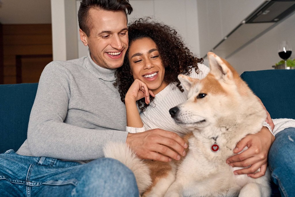 a man and woman sitting on a couch with a dog