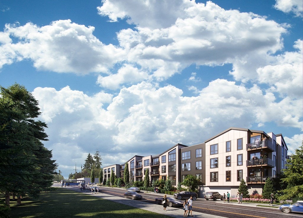 a rendering of an apartment building on a city street