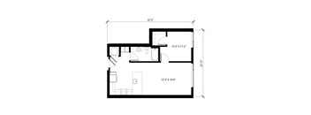 A floor plan of a room with dimensions and furniture layout.