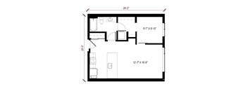 A floor plan of a room with dimensions and furniture layout.