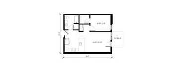 A floor plan of a room with dimensions and furniture layout.