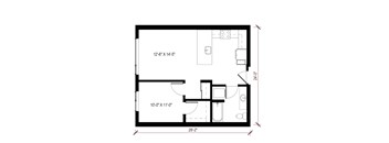 A floor plan of a room with dimensions and furniture layout.