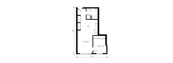 A floor plan of a small apartment with a kitchen, living room, and two bedrooms.