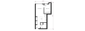 A floor plan of a room with dimensions and furniture layout.