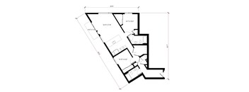 A black and white floor plan of a building with rooms labeled.