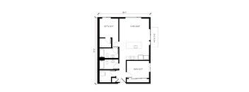 A floor plan of a house with a kitchen, living room, and two bedrooms.