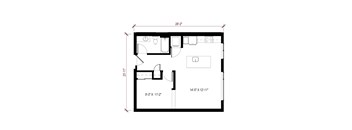 A floor plan of a room with dimensions and furniture layout.