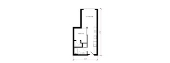 A floor plan of a building with a kitchen, living room, and two bedrooms.