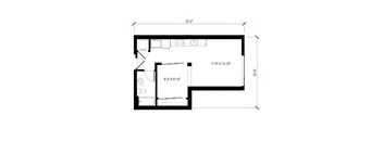 A floor plan of a room with dimensions and furniture layout.