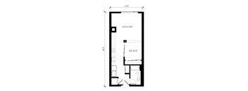A floor plan of a room with dimensions and furniture layout.
