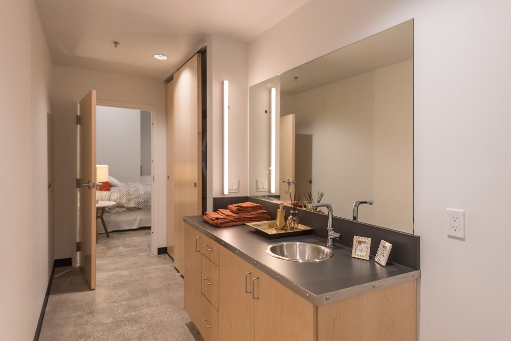 a bathroom with a sink and a mirror