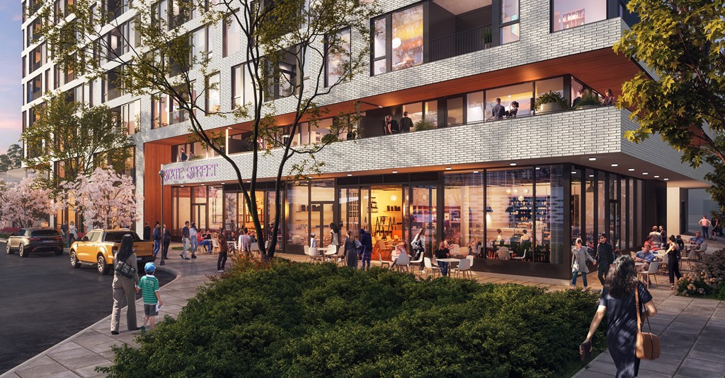 a rendering of a building with people outside and people walking