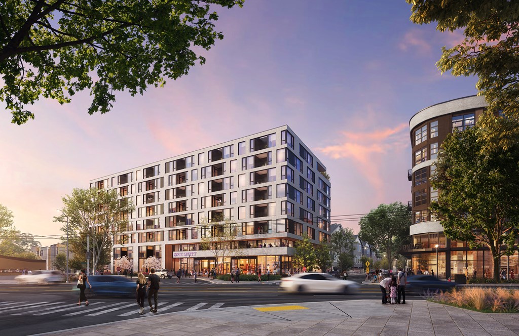 a rendering of an apartment building on a city street